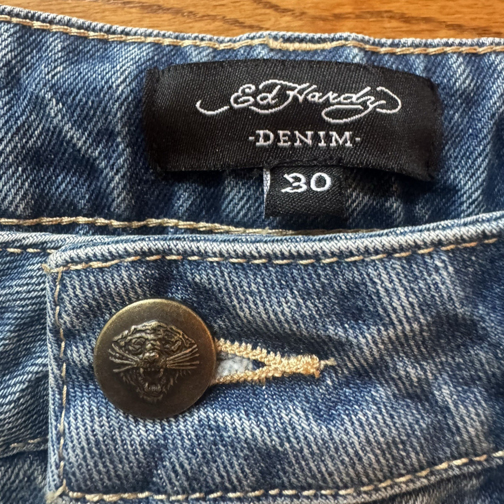 Ed Hardy Womens 30 Baggy Jeans Denim Painted Tattoo Graphic Tiger Koi Snake Y2K - Picture 5 of 16